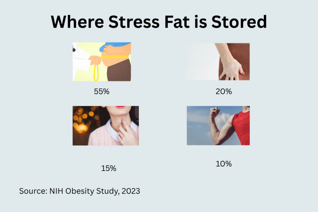 Pie chart showing % fat stored in belly, thighs, arms under stress